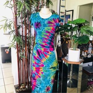 Boho Bohemian Vibrant Colorful Tie Dye Bodycon Dress with Open Hole Side Tie